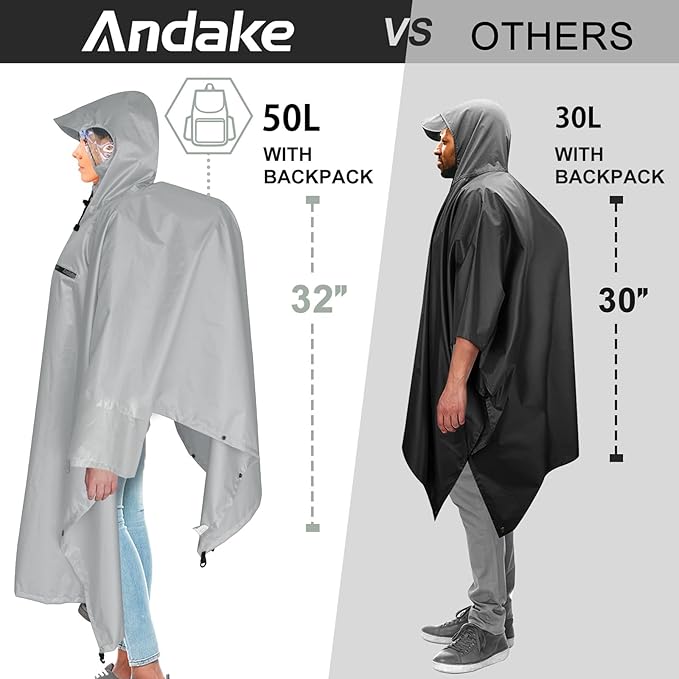 Andake Waterproof Rain Poncho for Adults Unisex,230T Ripstop Polyester,Raincoat Gear with Transparent Viewing Window Outdoors