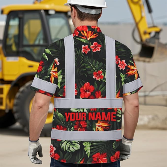 High Visibility Hawaiian Shirt for Men Tropical Shirts Custom Name Floral Outfit Reflective Safety Workwear