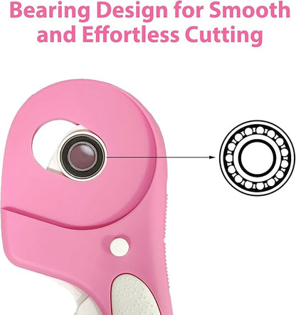 Headley Tools Rotary Cutter 60mm Upgraded with Bearing Design for Smoother and deeper cutting, Ergonomic Handle Rolling Cutter with Safety Lock for Fabric, Fabric, Leather, Crafting, Sewing, Pink