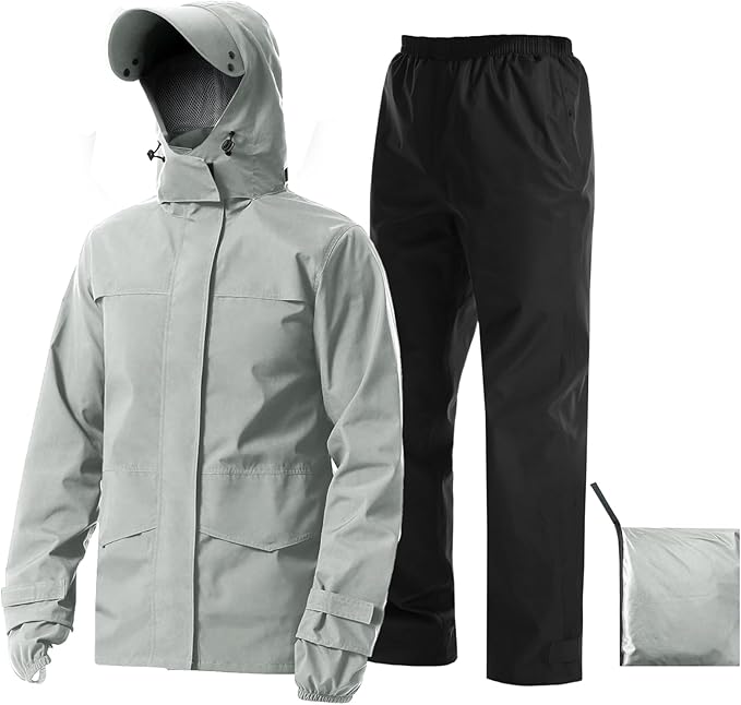 iCreek Rain Suit Waterproof Jacket with Pants 2 Pieces Breathable Lightweight Packable Raincoat with Hooded Rain Gear Unisex