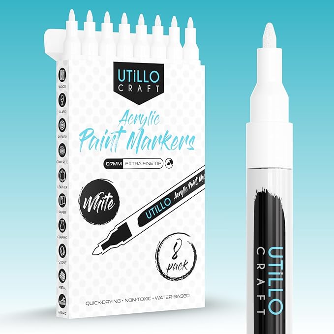 Utillo Craft (8-Pack White Paint Pens | Extra Fine Tip Made in Japan | Bold Color+100% Coverage on Rock, Wood, Glass, Paper, Plastic, Metal, Canvas, Fabric | 0.7mm White Acrylic Paint Markers