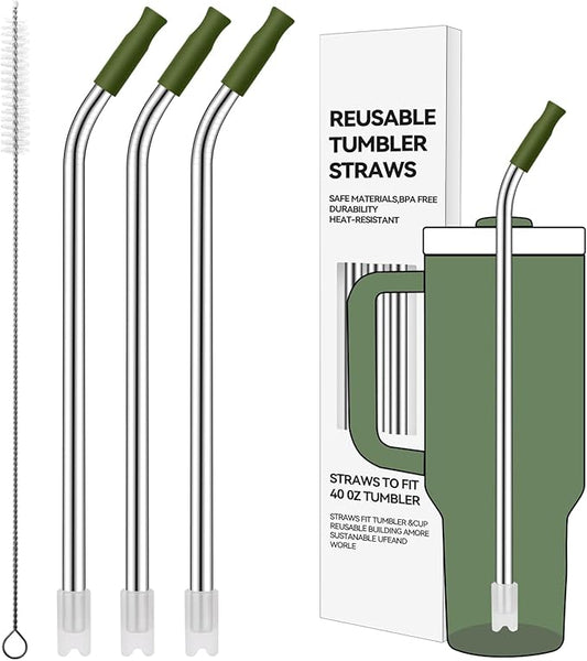Reusable Stainless Steel Straws with Silicone Tip for Stanley 40oz, Metal Drinking Straws for 40oz Tumbler,3 Bent Tubes & 6 Tips& 1 Cleanr Brush (Dried Pine)
