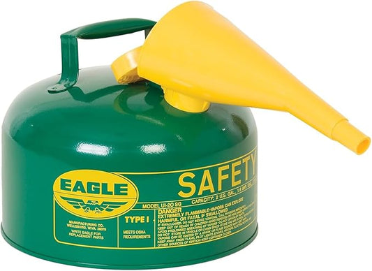 Eagle 2 Gallon Type I Green Safety Gas Can for Oil and Other Combustibles with Flame Arrester, Self-Closing Lid, and F-15 Funnel, Made in the USA, Galvanized Steel Flammable Storage Can, UI20FSG