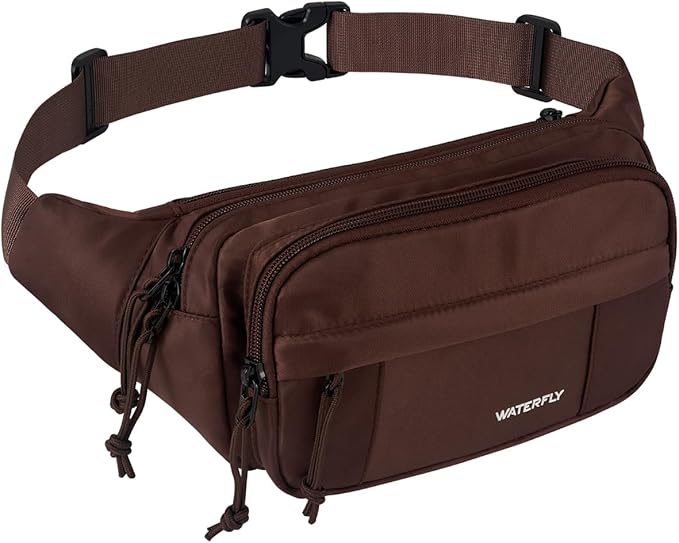 WATERFLY Fanny Pack Waist Packs: Large Crossbody Fanny Packs for Women Men with 5 Zipper Pockets Adjustable Strap Waist Bags Hip Pack for Traveling Cycling Running Hiking-Brown