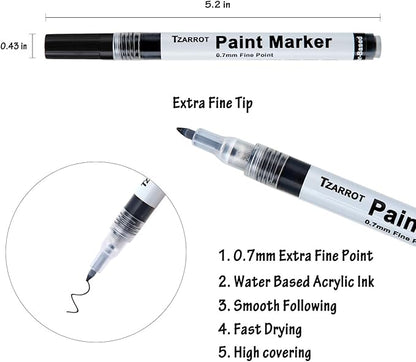TZARROT White Paint Pen, 8 Pack 0.7mm Acrylic Paint Pens with 2 White 2 Black 2 Gold 2 Silver Permanent Marker for Wood Rock Fabric Metal Plastic Ceramic Acrylic Markers Extra Fine Tip