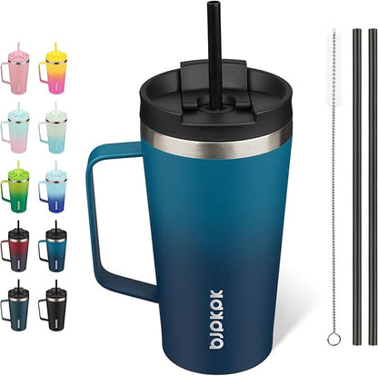 BJPKPK Insulated Tumbler with Handle, 18oz Insulated Tumblers with Lid and Straw, Stainless Steel Metal Water Bottles, Coffee Travel Mugs, Cups, Sea