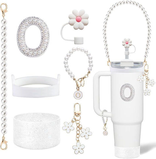 Stanley Cup Accessories Set - Including Water Bottle Carrying Pearl Strap, Handle Letter Charms Sticker, Silicone Cups Boot Straw Cover for 40oz & 30oz Tumbler