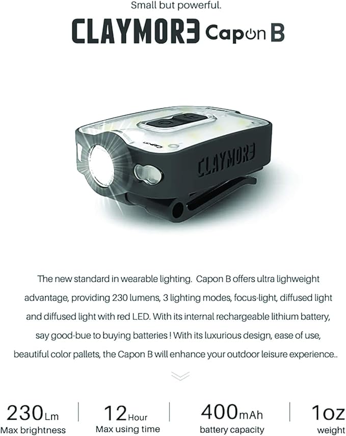 Claymore Capon 40B Tan Clip-On Cap Light – USB-C Rechargeable 230LM LED Headlamp | 3 Light Modes 180° Adjustable Beam IP54 Water Resistant Up to 12 Hrs Runtime for Camping, Running, Outdoor