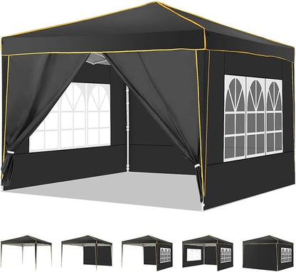 COBIZI 10x10 Pop Up Canopy with 4 Sidewalls, Easy up Canopy for Events, Sports, Beach, Party, Outdoor Party Canopies with 4 Weight Bags, Stakes x4, Ropes x4, Black