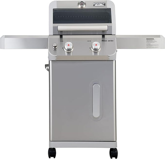 Monument Grills 2-Burner Stainless Steel Liquid Propane Gas Grill, Two Foldable Shelves Patio Garden Barbecue Grill with Clearview® Lid, Knob Control Mesa200S