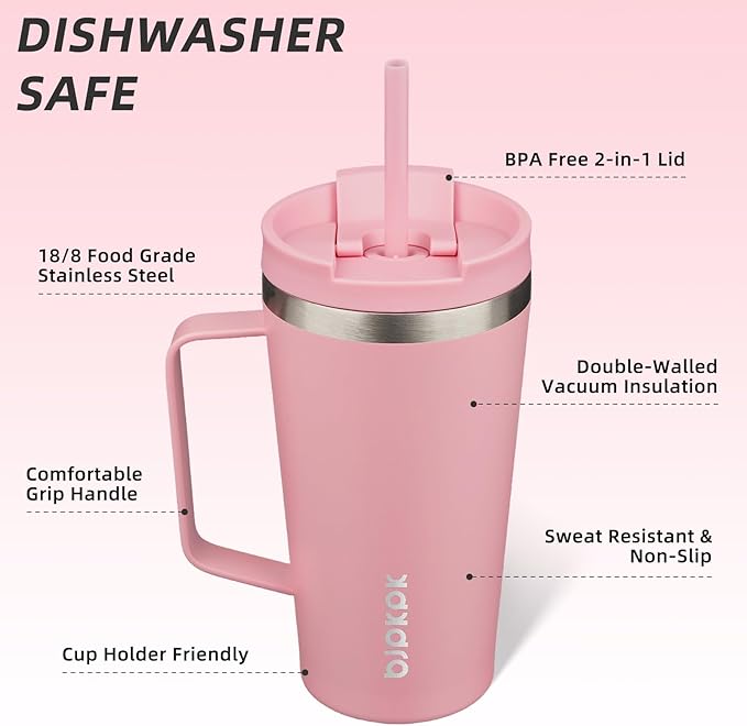 BJPKPK Insulated Tumbler with Handle, 18oz Insulated Tumblers with Lid and Straw, Stainless Steel Metal Water Bottles, Coffee Travel Mugs, Cups, Light Pink