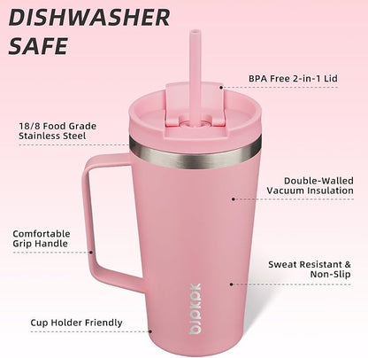 BJPKPK Insulated Tumbler with Handle, 18oz Insulated Tumblers with Lid and Straw, Stainless Steel Metal Water Bottles, Coffee Travel Mugs, Cups, Light Pink