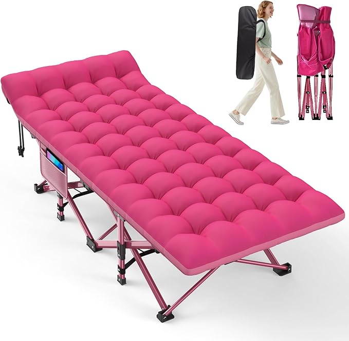 ZENPETIO Camping Cot for Adults - Heavy-Duty Cot Bed with Mattress, Portable Sleeping Cots for Outdoor Indoor, 1200D Oxford Folding Cots for Home Travel, Max Load 500LBS, Fits People up to 6'3", Pink