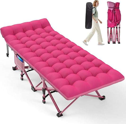 ZENPETIO Camping Cot for Adults - Heavy-Duty Cot Bed with Mattress, Portable Sleeping Cots for Outdoor Indoor, 1200D Oxford Folding Cots for Home Travel, Max Load 500LBS, Fits People up to 6'3", Pink