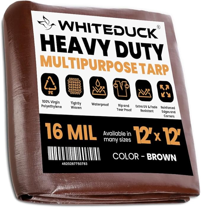 WHITEDUCK Super Heavy Duty Poly Tarp Cover 16 Mil & 10 Mil with Grommets and Reinforced Edges (Brown, White & Silver Black) (Brown- 16 Mil, 12' x 12')
