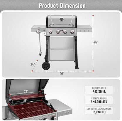 All Stainless Steel 4+1 Burner Gas BBQ Grill, Outdoor Propane Grill with Premium Enameled Coated Chamber Body & Porcelain-Enameled Cast lron Grates, 48,000 BTU
