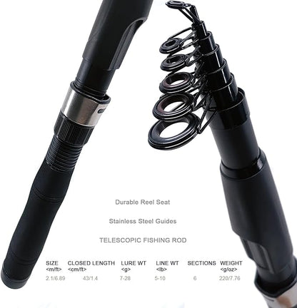 Fishing Pole Set, 2PACK Fishing Rod Combo with Telescopic Fishing Pole Spinning Reels Fishing Lures Fishing Pliers and Travel Bag for Travel Saltwater Freshwater Beginner 2.1m/ 6.89ft