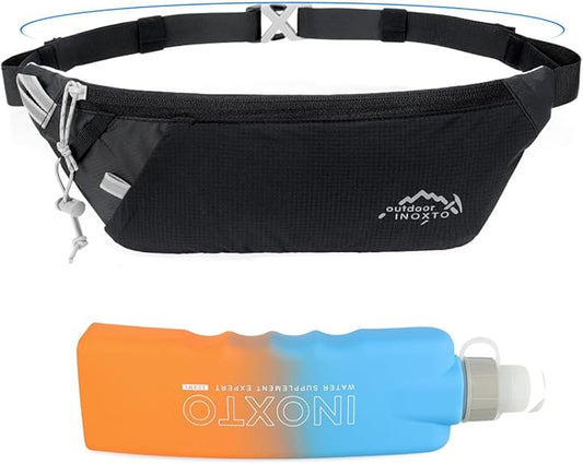 INOXTO Slim Running Belt Fanny Pack for Women and Men Sports Waist Bag Pack with 300ml Water Bottle for Running Walking Cycling Hiking Reflective Running Pouch Belt for All Phones (Black)