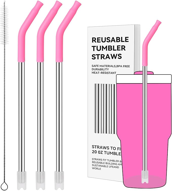 Reusable Metal Straws with Silicone Tip for Stanley 20oz,Stainless Steel Drinking Straws for 20oz Tumbler,3 Straight Tubes & 6 Tips& 1 Cleanr Brush(Vivid Violet)