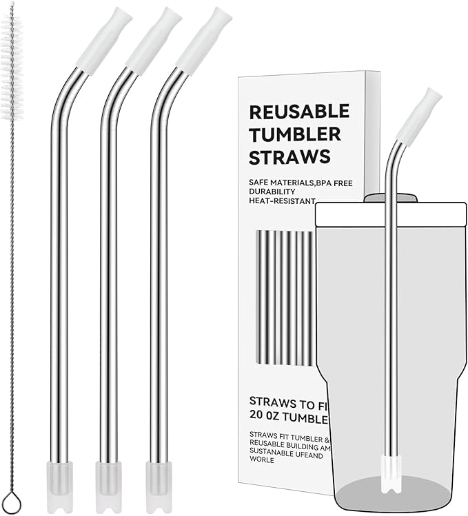 Reusable Metal Straws with Silicone Tip for Stanley 20oz,Stainless Steel Drinking Straws for 20oz Tumbler,3 Bent Tubes & 6 Tips& 1 Cleanr Brush(Transparent)