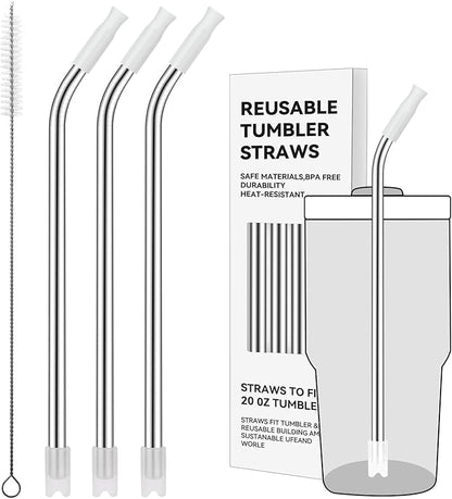 Reusable Metal Straws with Silicone Tip for Stanley 20oz,Stainless Steel Drinking Straws for 20oz Tumbler,3 Bent Tubes & 6 Tips& 1 Cleanr Brush(Transparent)