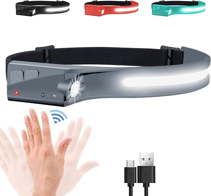 EGUKU Headlamp Rechargeable, Rechargeable LED Headlamps 1200Lumens 2 COB 230°Wide Beam Headlight with Motion Sensor Bright 5 Modes Lightweight Waterproof Head Lamp for Outdoor Running, Camping Hiking