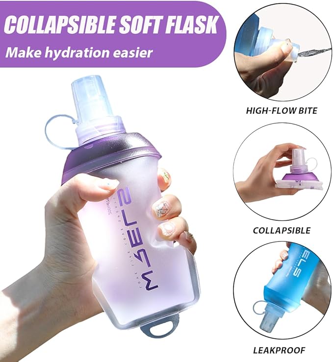200ml/350ml/500ml Collapsible Soft Flask,BPA Free Folding Soft Water Bottle with Hanging Ring,Lightweight TPU Hydration Flask for Running Marathon Cycling Hiking