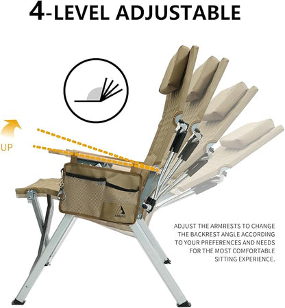 Reclining Camping Chair, Heavy Duty Folding Chairs with 4-Stage Adjustable High Back for Adults, Compact Foldable Outdoor Patio Reclining Chair with Storage Bag (Khaki, 1 Pack)
