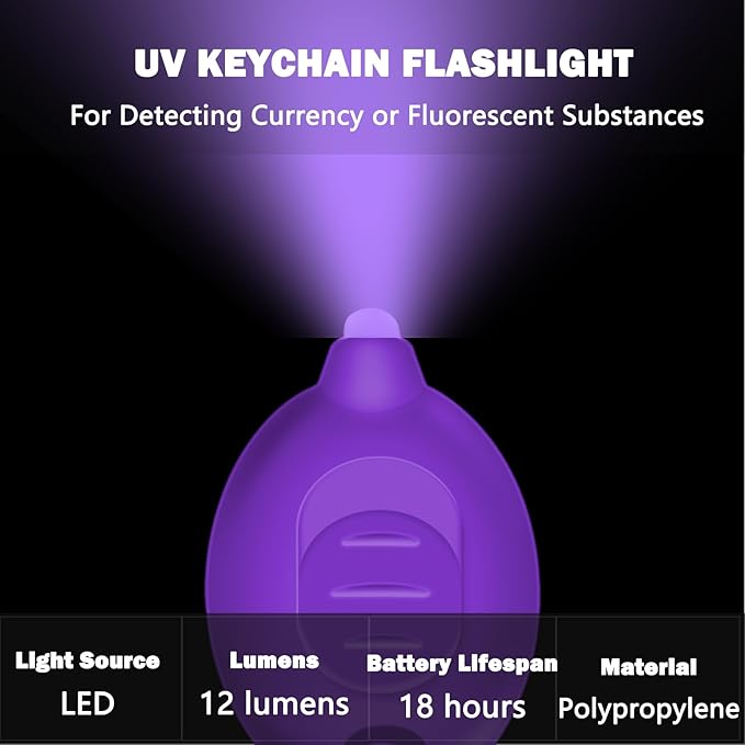 Mini UV LED Keychain Flashlight, Compact 395nm UV Blacklight, Portable Pocket UV Flashlight for Detecting Stains, Scorpions, and Fluorescent Elements - 6 Pack, Purple