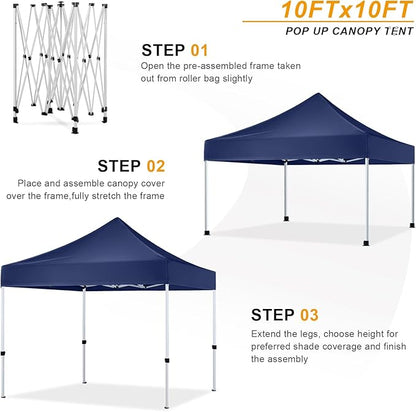 Pop Up Canopy Tent 10x10 for Outdoor Heavy Duty Commercial Instant Sun Shelter,with Wheeled Carry Bags,4Ropes and Stakes and 4 sandbags,Navy Blue