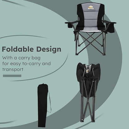 Oversized Folding Camping Chairs - 450 LBS Support Heavy Duty Camp Chair with Padded Cushion, Portable Outside Chairs with Carry Bag，Cooler, Cup Holder for Outdoor, Lawn, Sports - Black