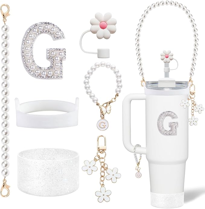 Cup Accessories Set for Stanley- Including Water Bottle Carrying Pearl Strap, Handle Letter Charms Sticker, Siliocne Boot Straw Cover for Stanley 40oz & 30oz Tumbler Accessory Kit G
