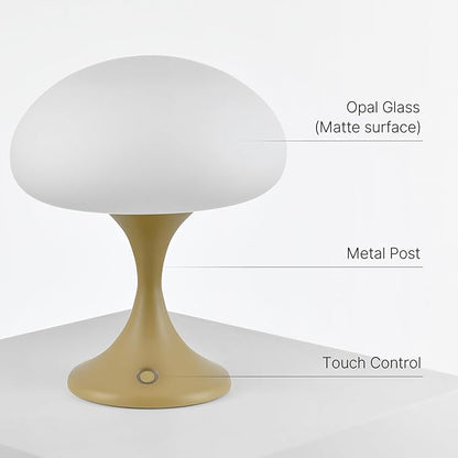 Mushroom Lamp, 5W LED Cordless Rechargeable Table Lamp with Glass Shade, Small Retro Dimmable Touch Light with 3 Color Temps, Aesthetic Mid Century Bedside Light for Bedroom Ambient, Mustard