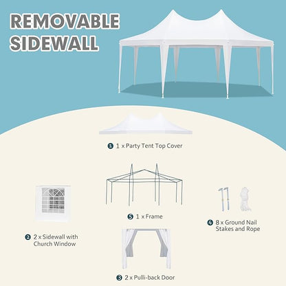 EROMMY 20x15ft Party Tent - White Wedding Canopy with 6 Removable Sidewalls, 6 Church Windows and 2 Pull-Back Doors - Octagonal Heavy Duty Outdoor Gazebo Pavilion Shelter for Events