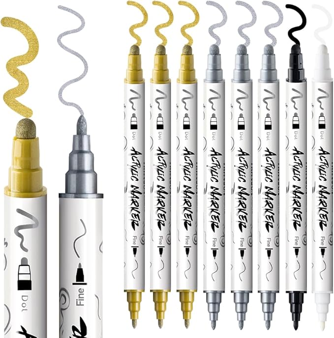 TRANSON 3 Gold, 3 Silver, 1 Black and 1 White Paint Markers Bold and Fine Dual-tip Acrylic Paint Marker Set for Rock Painting Glass Canvas Wood Leather Ceramic Painting