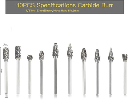 Carbide Burr Set 10PC 1/8" Shank Tungsten Double Cut Carbide Rotary Burr Set for Metal and Wood Carving, Grinding, Polishing, Engraving, Drilling.