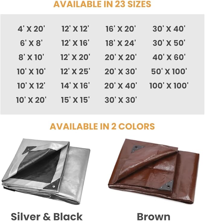 WHITEDUCK 20' x 30' Super Heavy Duty Poly Tarp Thick 16 Mil, Waterproof 100% UV Resistant Rip/Tear Proof Tarp w/Rustproof Grommets & Reinforced Edges (Finished Size: 19'6"x29'6")