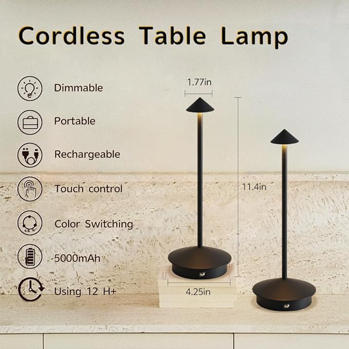 EJQ 2 Pack LED Rechargeable Cordless Table Lamps,Portable Outdoor 5000mAh Battery Operated Table Light Touch Control 3 Color Dimmable for Patio/Cofee/Restaurant/Camping/Dining/Bedroom-Black