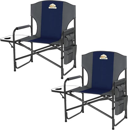 Oversized Directors Camping Chair Set of 2 Support 600 LBS, Heavy Duty Folding Outdoor Chairs with Detachable Side Pocket and Adjustable Side Table for Outside Beach,Lawn,Fishing (Blue)