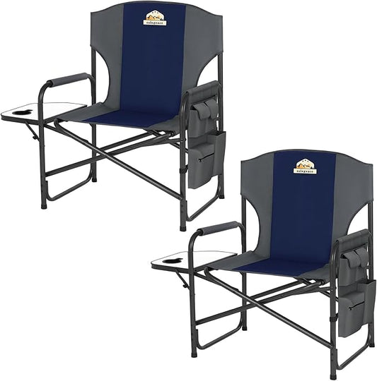 Oversized Directors Camping Chair Set of 2 Support 600 LBS, Heavy Duty Folding Outdoor Chairs with Detachable Side Pocket and Adjustable Side Table for Outside Beach,Lawn,Fishing (Blue)