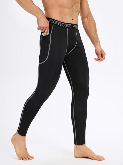 4 Pack Men’s Compression Pants Running Tights Workout Leggings for Men Athletic Base Layer Bottoms with Pockets