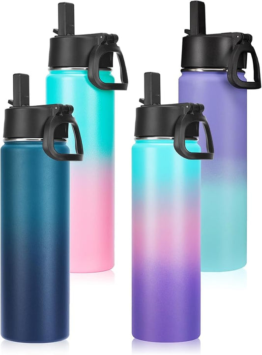 Neihepal 22 oz Insulated Water Bottles Bulk, Double Walled Vacuum Stainless Steel Water Bottle Multipack with Leak Proof Straw Lid for Men, Adults, Kids, Gym, Sports (Assorted,4 Pack)