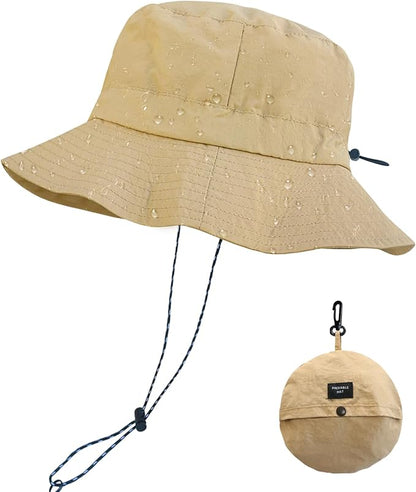 PFFY Quick Dry Waterproof Packable Bucket Hat for Women Men Outdoor Sun Hats with Detachable Chin Strap