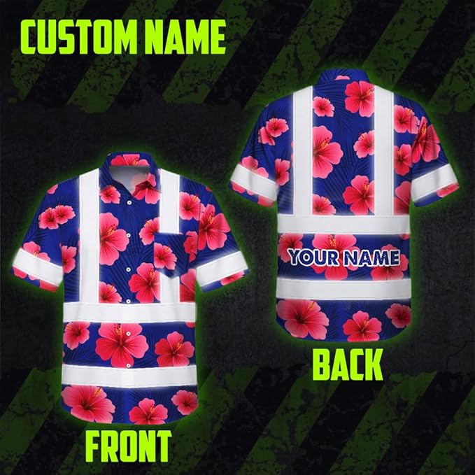 High Visibility Hawaiian Shirt for Men Tropical Shirts Custom Name Floral Outfit Reflective Safety Workwear