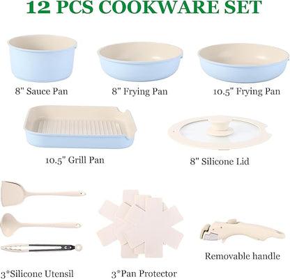 12 PCS Kitchen Cookware Sets with Detachable Handle,Pots and Pans Sets Non Stick, Induction Pan Set for RV Cookware,Oven Safe, PFOA Free（Blue)