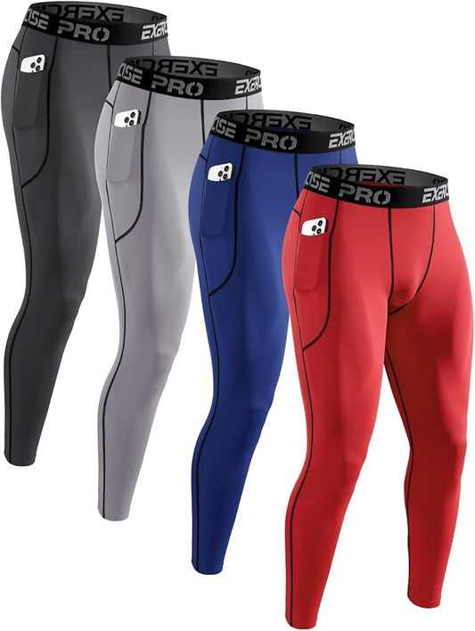 4 Pack Men’s Compression Pants Running Tights Workout Leggings for Men Athletic Base Layer Bottoms with Pockets