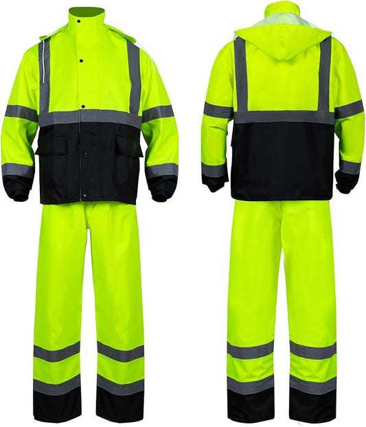 FONIRRA Class 3 High Visibility Rain Suit With Detachable Hood Waterproof Lime Reflective Safety Worker Jacket & Pants (4XL/5XL Yellow)