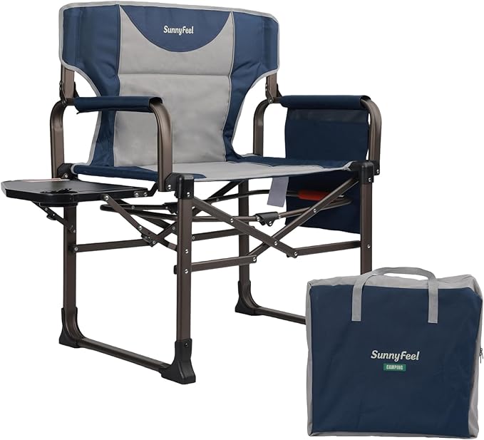 SUNNYFEEL Oversized Camping Directors Chair Blue Portable Folding Chair for Adults Support 600lbs with Side Pocket and Side Table for Beach, Fishing, Trip, Picnic, Lawn, Outdoor Foldable Camp Chairs
