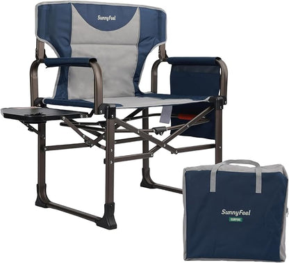 SUNNYFEEL Oversized Camping Directors Chair Blue Portable Folding Chair for Adults Support 600lbs with Side Pocket and Side Table for Beach, Fishing, Trip, Picnic, Lawn, Outdoor Foldable Camp Chairs