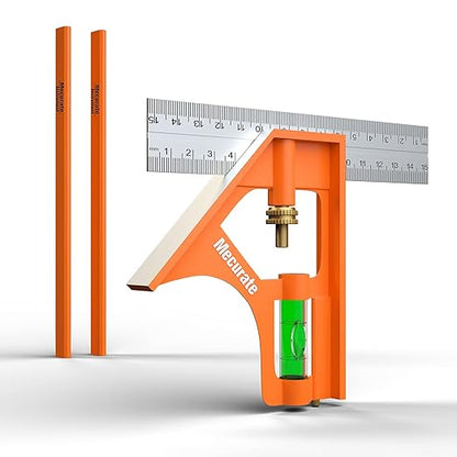 Mecurate 6“ Combination Square, 6 Inch 150mm Stainless Steel Combo Square for Accurate and Adjustable Woodworking Measurement with 2pcs Carpentery Pencils